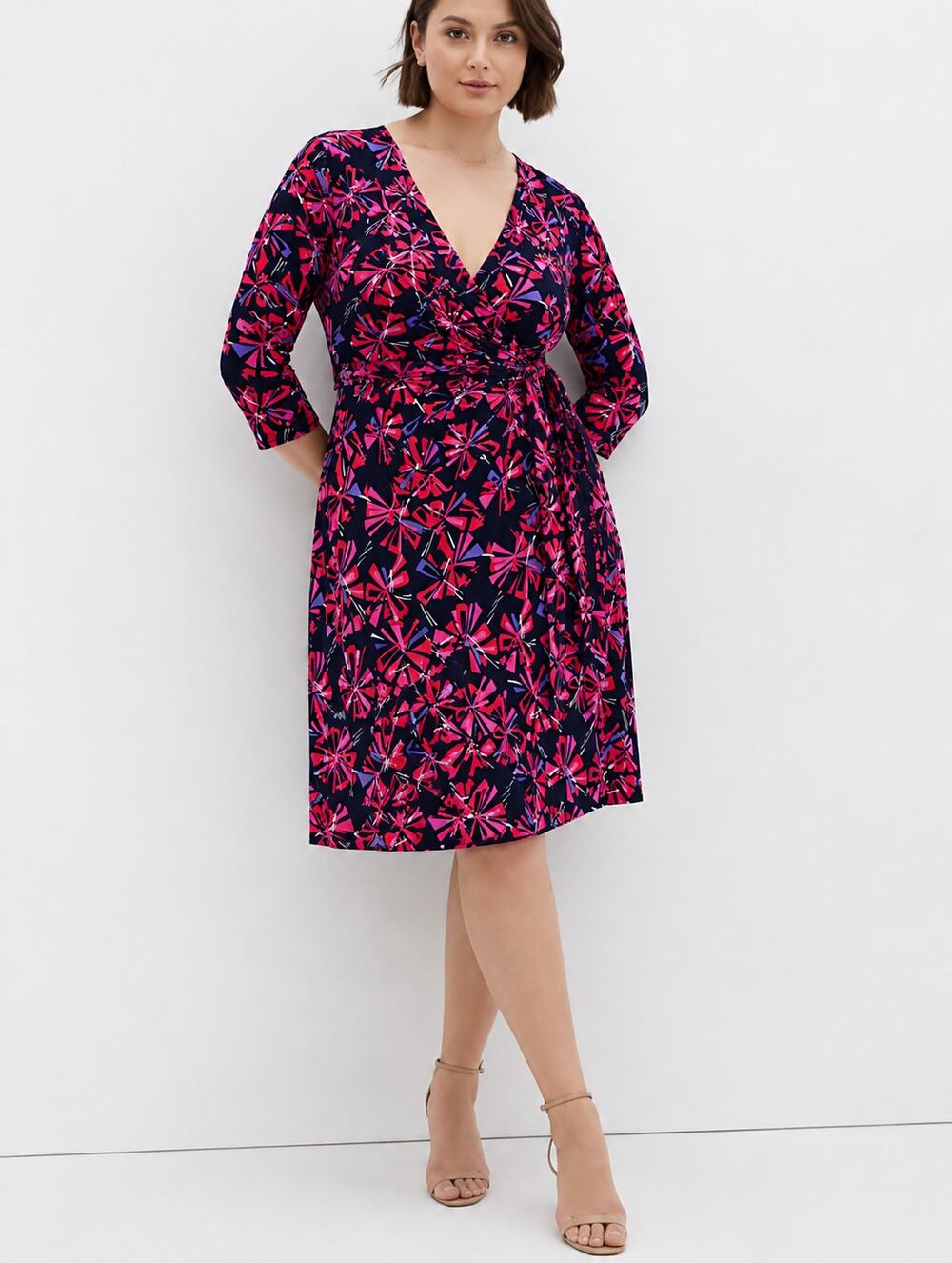 Anne Klein Faux Wrap Dress Size 16 Navy Pink Abstract Print Long Sleeve Office